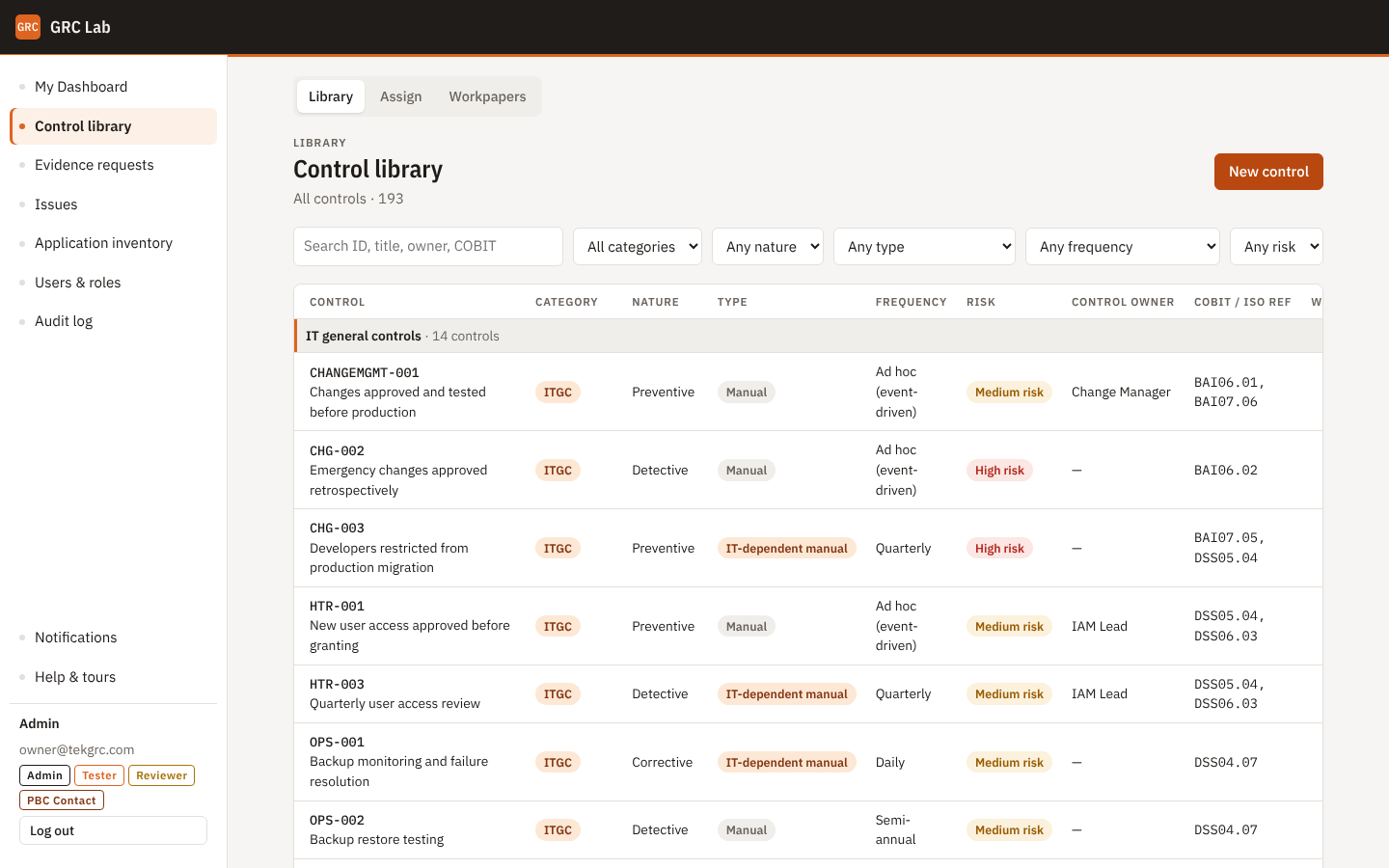 GRC Lab control library listing IT general controls with category, nature, frequency, risk and COBIT references